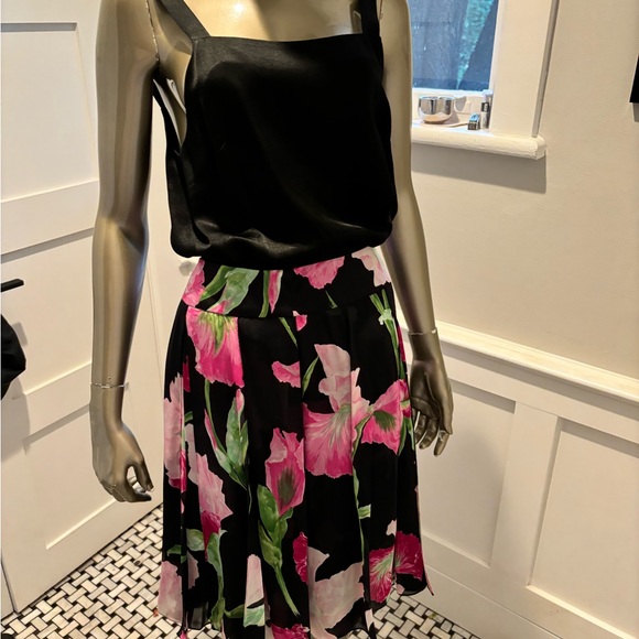 Carmen Marc Valvo 100% Silk Elegant Layered Flowy Black Top Floral Skirt 8 30” - Picture 11 of 16